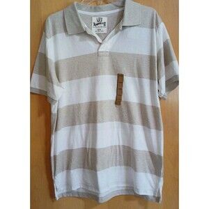Roebuck & Co Polo Shirt Mens Large TAN White Striped Short Sleeve NWT